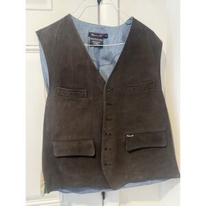 Vintage Faconnable Men's Brown Calf Nubuck Vest Denim Lined Button Front XL